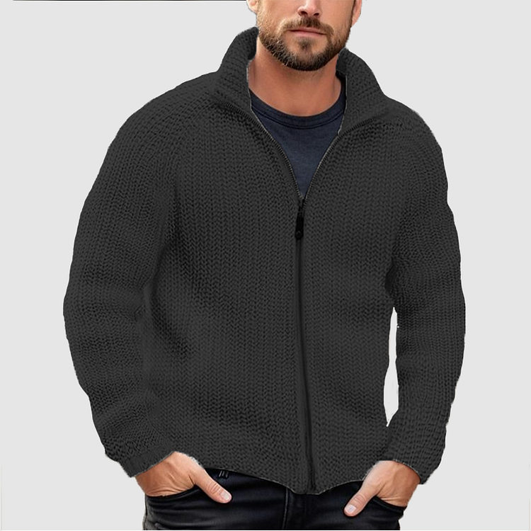 Men's fall and winter sweater cardigan solid color zipper turtleneck thick knit coat woolen sweater