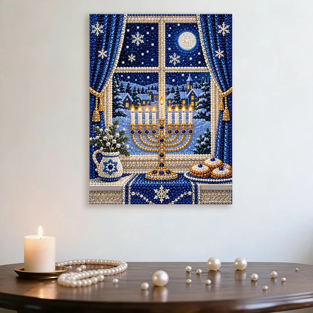 Framed Pearl Painting Kit Hanukkah Menorah 11.81x15.75in