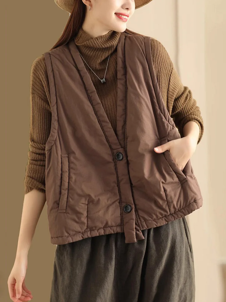 Women Vintage Solid Autumn Warm Vest Coat