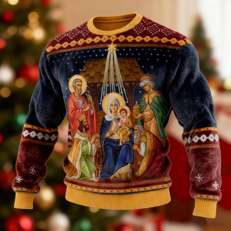 Men's Vintage Christmas Nativity Pattern Casual Flannel Sweatshirt elevenforest