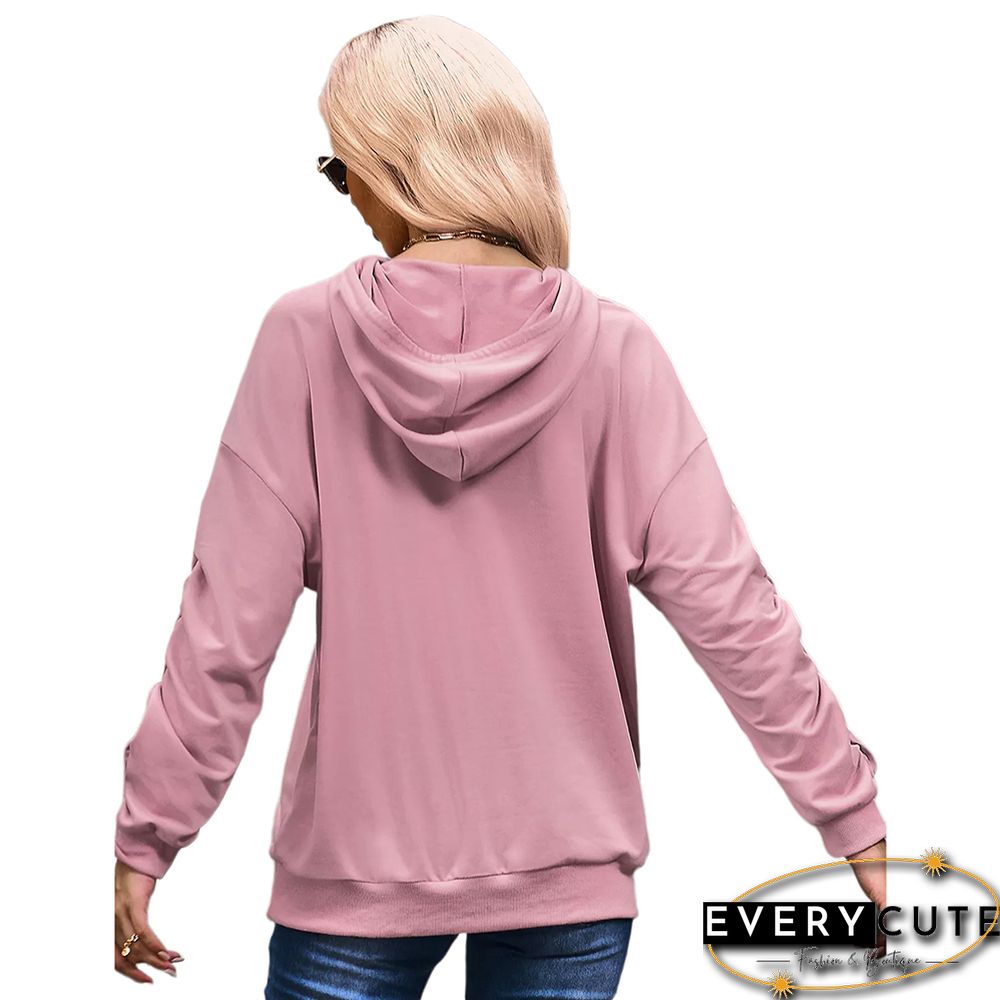 Pink Pleated Sleeve Drop Shoulder Kangroo Hoodie