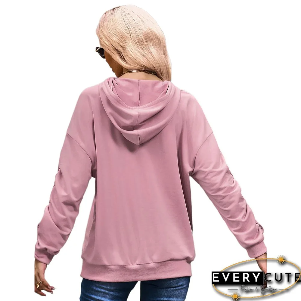 Pink Pleated Sleeve Drop Shoulder Kangroo Hoodie