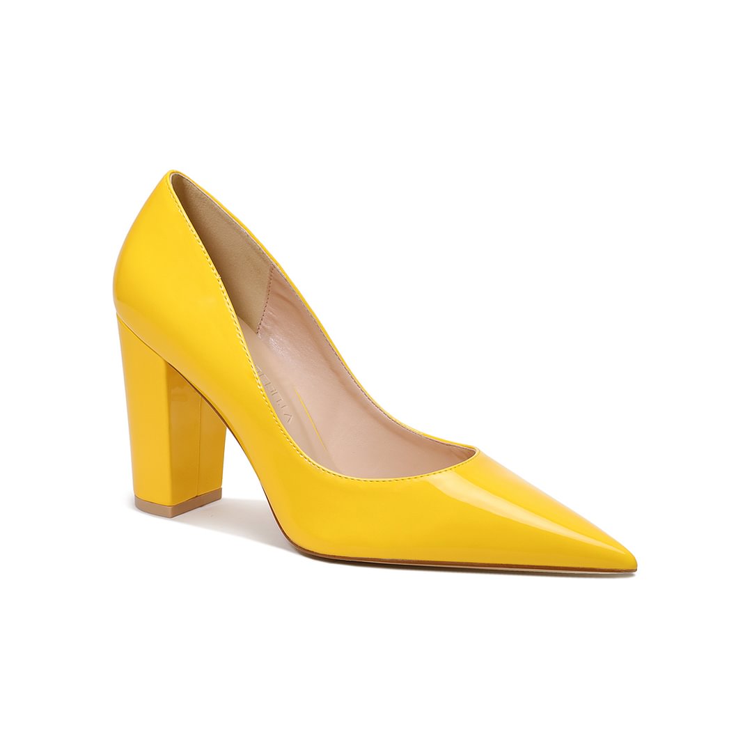 3.5" Women's Chunky Heels  Shoes Comfortable Middle Block Heel Patent Pumps-MERUMOTE