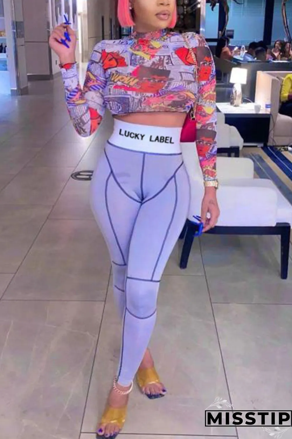 Light Purple Sexy Print O Neck Long Sleeve Two Pieces