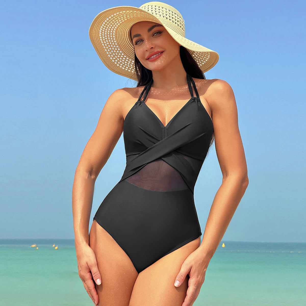 Halter Solid Mesh One-Piece Swimsuit | ARKGET