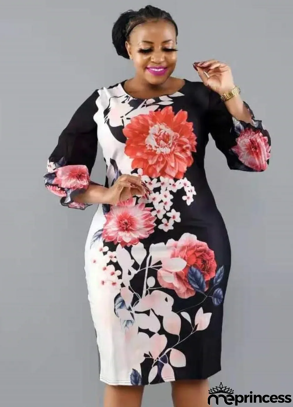 Spring Plus Size Mature Women Floral Print Round Collar Chiffon Sleeve Dress