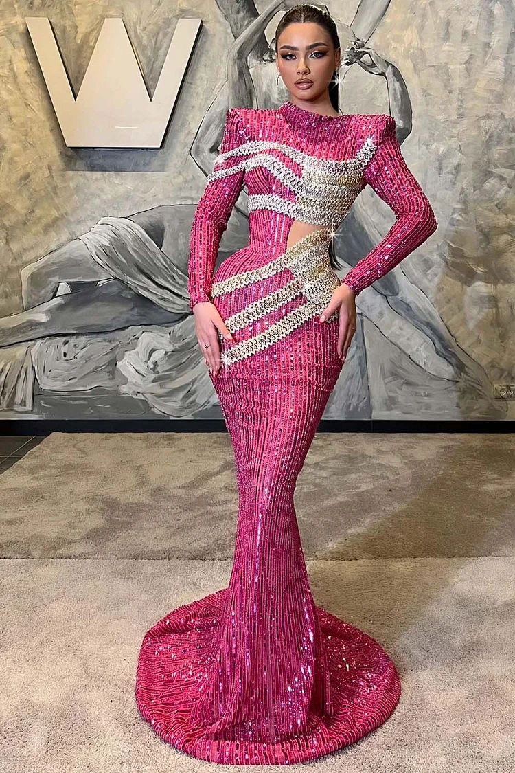 Cut Out Sequin Long Sleeve Mermaid Maxi Dress-Hot Pink