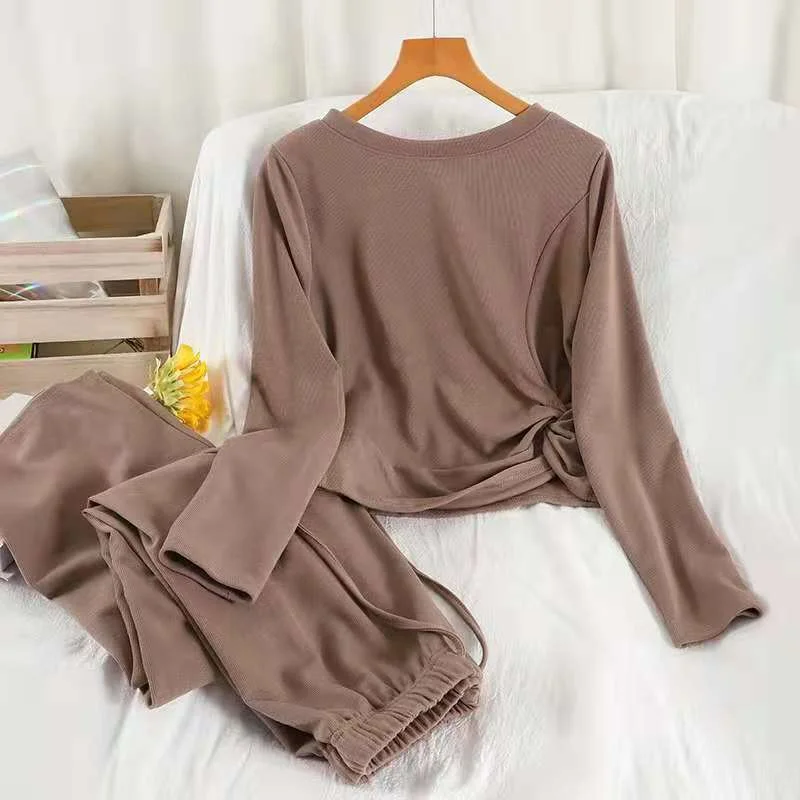 Winter Knitting Pants Set Women O Neck Casual Pullover+pockets High Waist Pants Vintage Streetwear Women 2 Piece Set Tracksuit