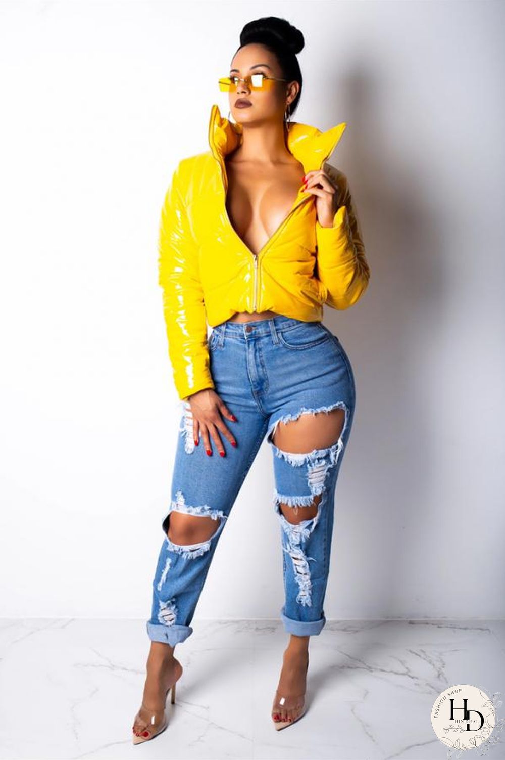 Red Turndown Collar Solid PU Long Sleeve