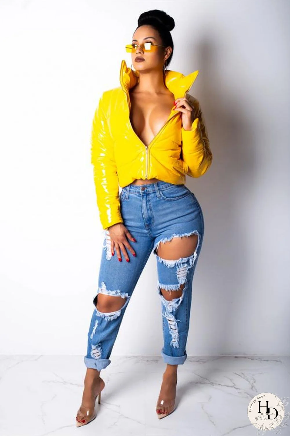 Red Turndown Collar Solid PU Long Sleeve