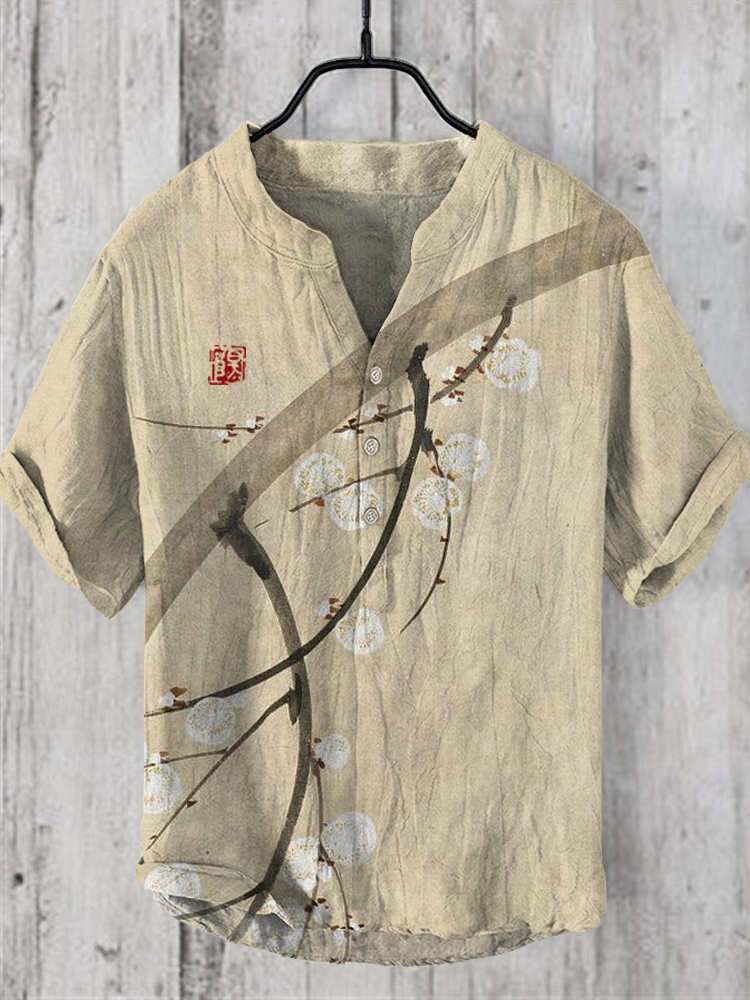 Comstylish Japanese Floral Print Linen V-Neck Shirt