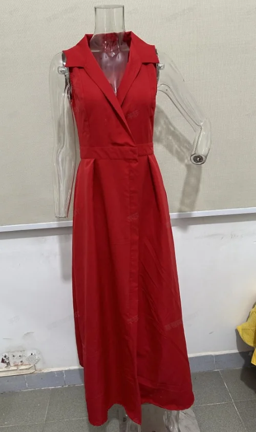 Toloer Toloer Autumn 2024 New Hot Style Solid Color Lapel Pleated Long Sleeveless Temperament Dress-Outfit Ideas