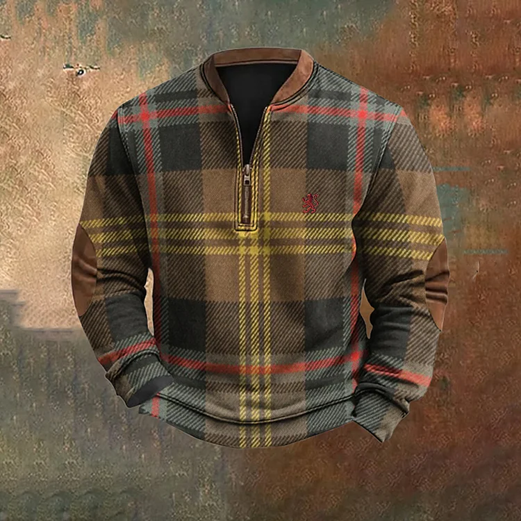 Utbros Men's Vintage Plaid Scotland Lion Embroidered Casual Zip Sweatshirt