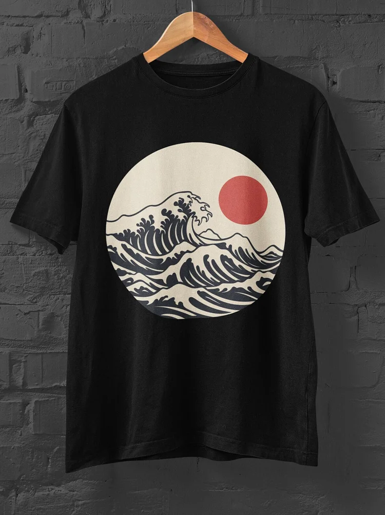 Men's Ocean Waves Sunrise Japanese Art Print Cotton Casual T-Shirt