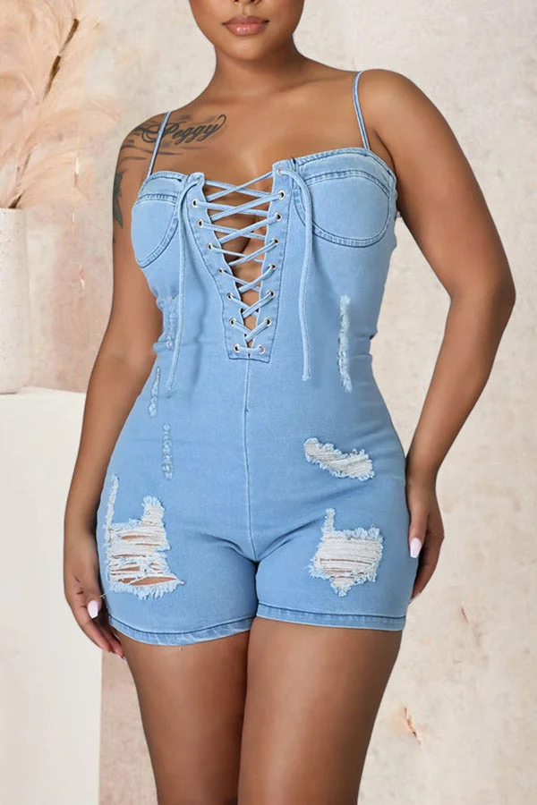 Light Blue On-trend Lace-Up Ripped Denim Romper