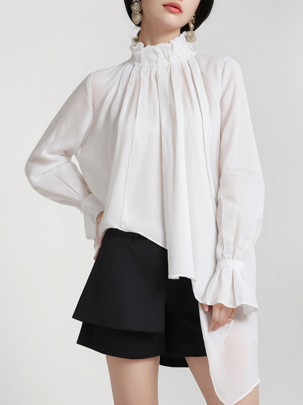 Irregular Hem Pleated Petal Long Sleeve Shirts