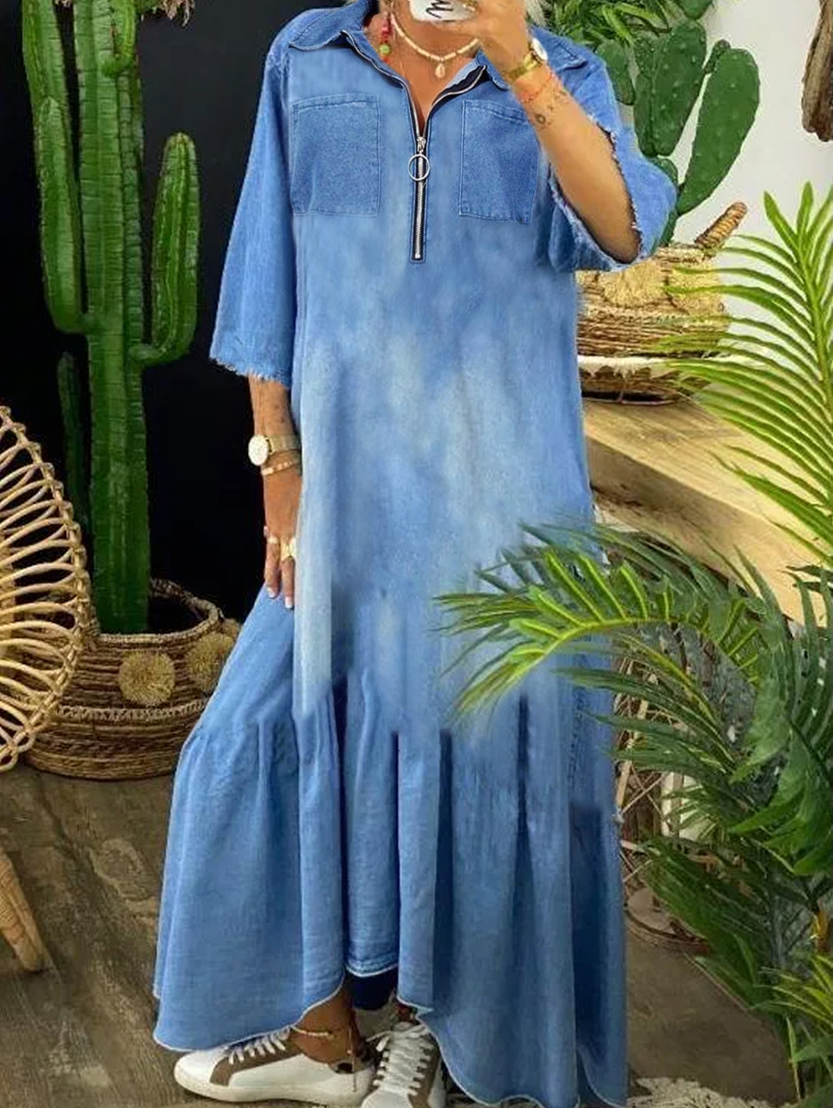 Ursime Denim Zipper 3/4 Sleeve Raw Edge Ruffle Maxi Dress