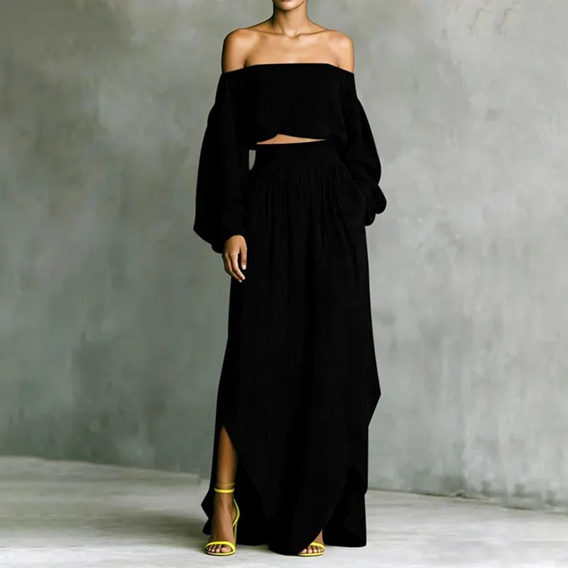 Casual Off-shoulder Top And Irregular Skirt Two-piece Set elevenforest