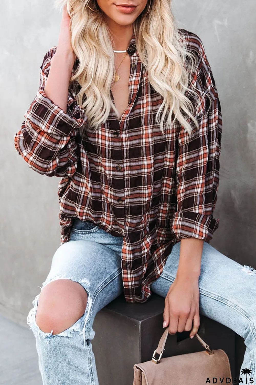 Lapel Plaid Long Sleeve Shirt Coat