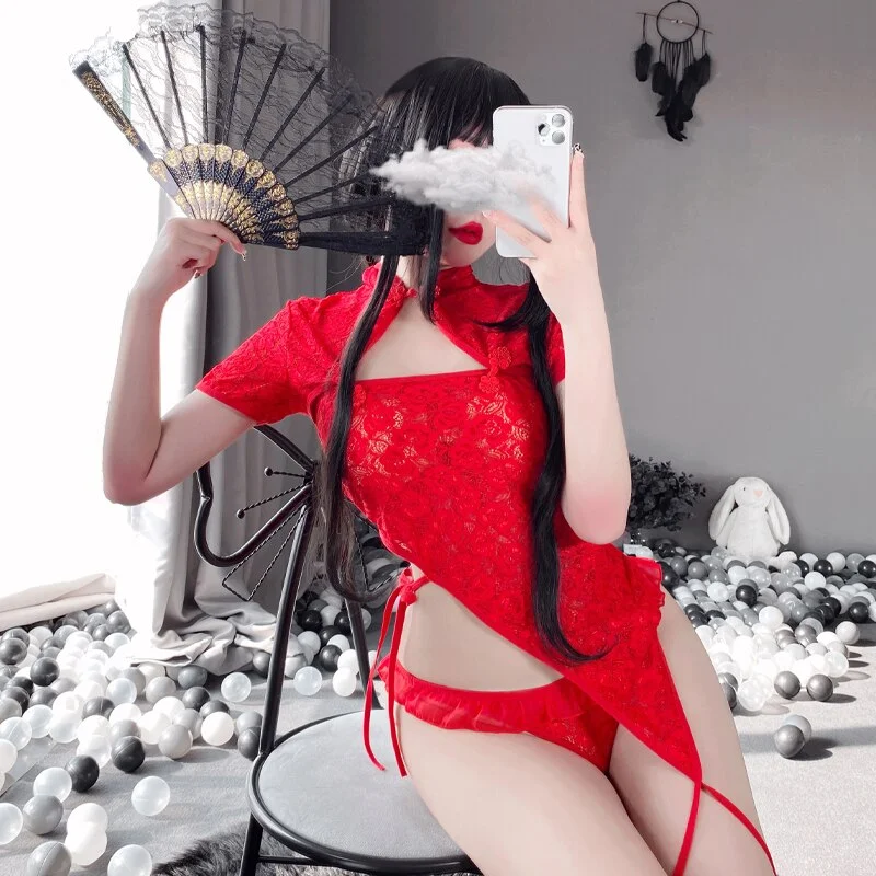 Billionm OJBK Sexy Lingerie Temptation Cheongsam Suit Chinese Qipao Uniform Lace Perspective Hollow out Charming Nightgowns Mini Dress