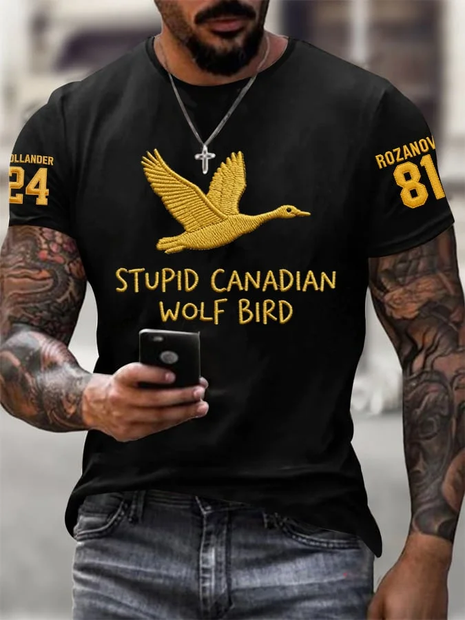 Men's Stupid Canadian Wolf Bird Print T-Shirt  socialshop