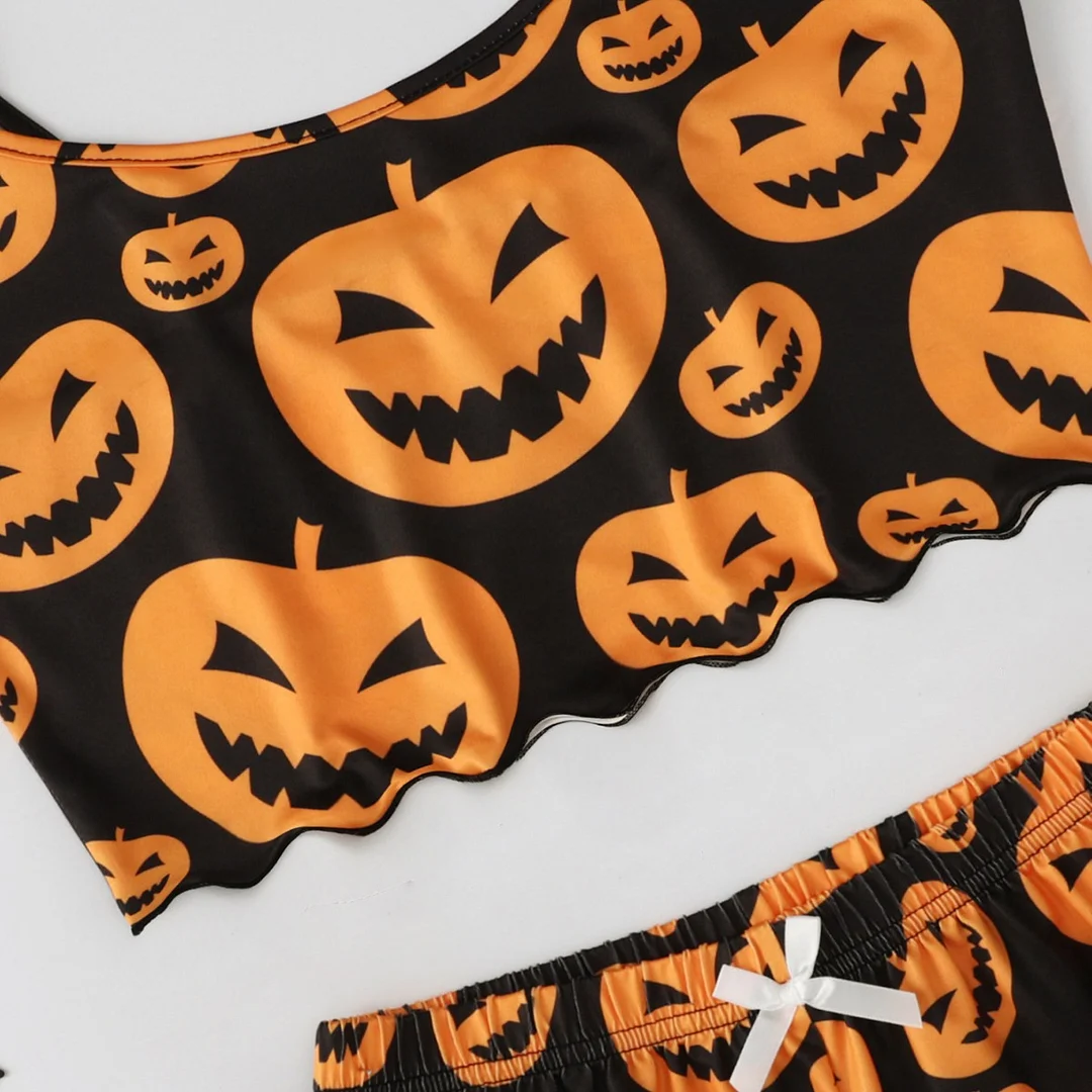 Woherb Woherb Funny Pumpkin Head Print Condole Top Sleeveless Home Clothes Pure Milk Silk Pajamas Girl Suit-Outfit Ideas