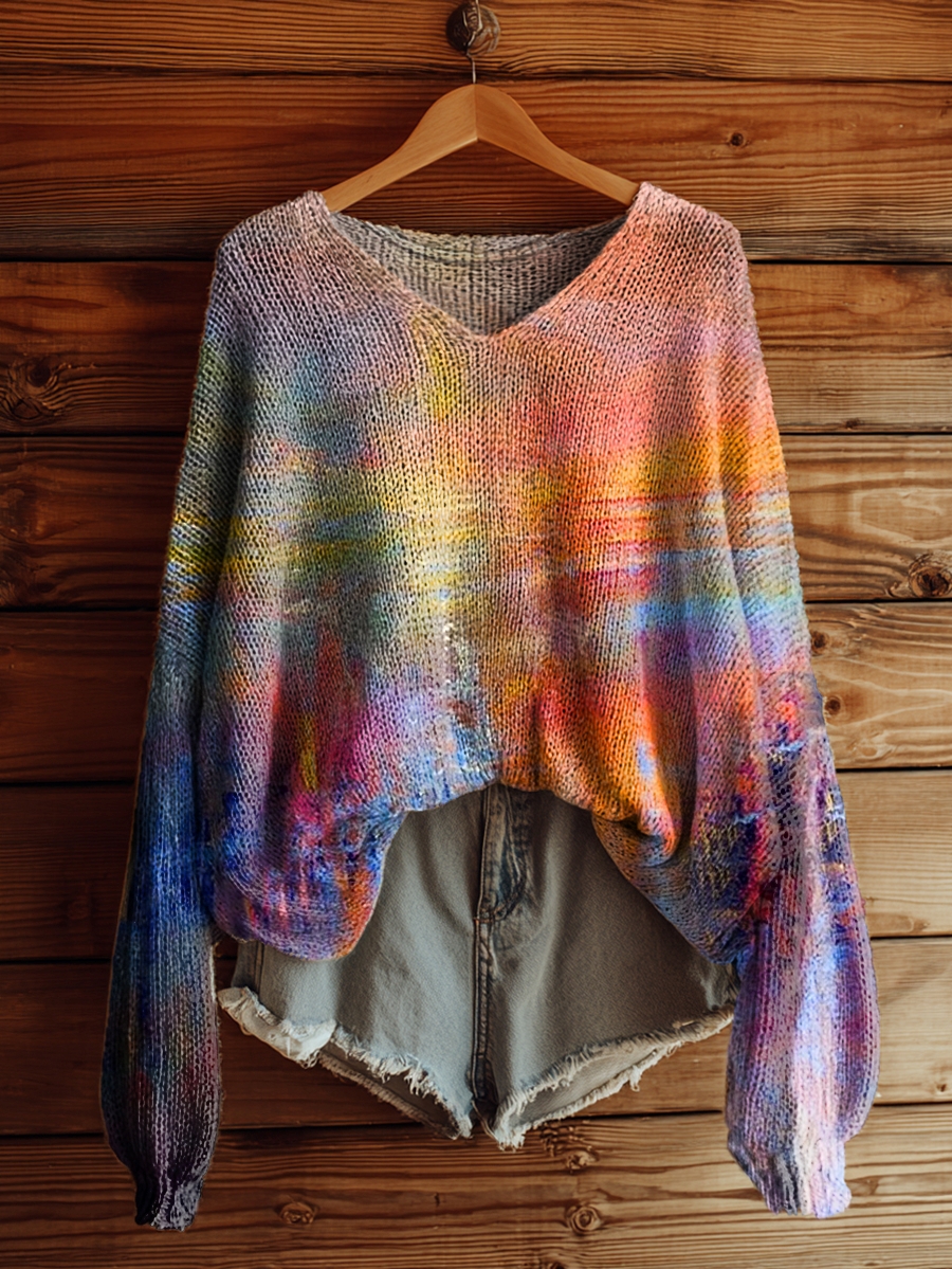 Women's Colorful Swoosh Pattern Art Print Casual Pullover Sweater