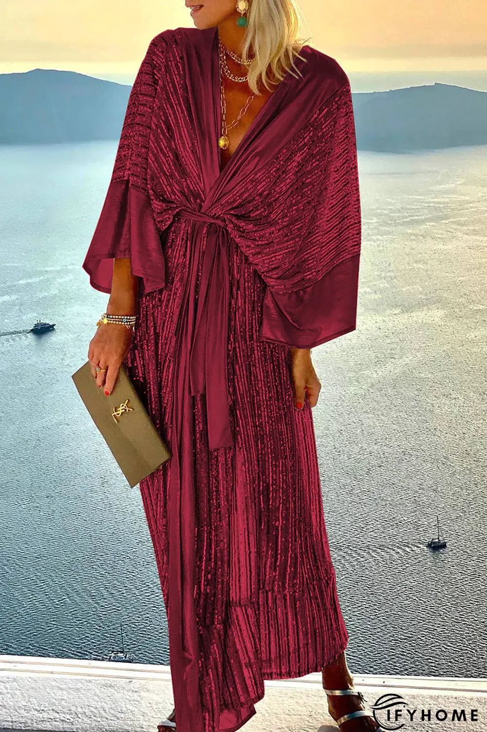 Casual Patchwork Sequins V Neck Waist Skirt Dresses(3 Colors) | IFYHOME