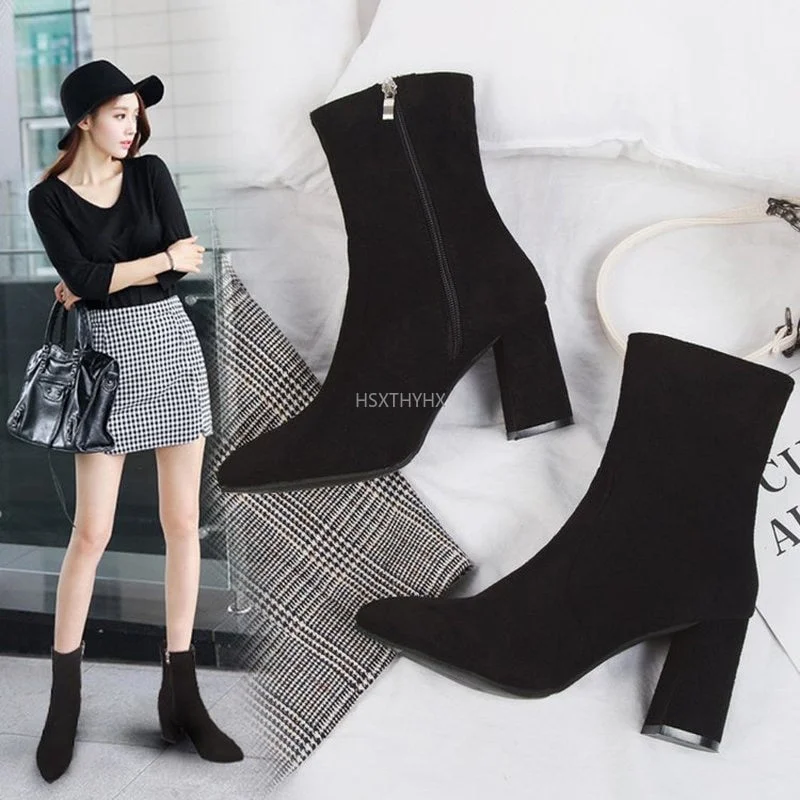 2022 New Short Boots Women's Shoes Autumn and Winter Thick-heeled Elastic Women's High-heel Pointed Toe  Mar Boots Women