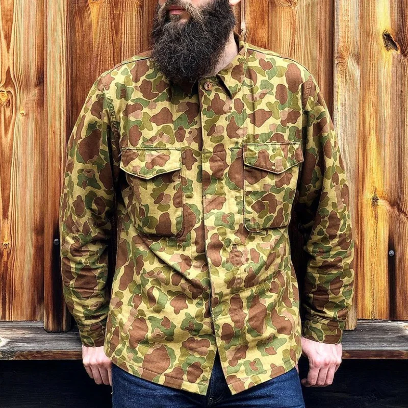 Vintage Camouflage Double Side Pocket Long Sleeve Shirt Jacket