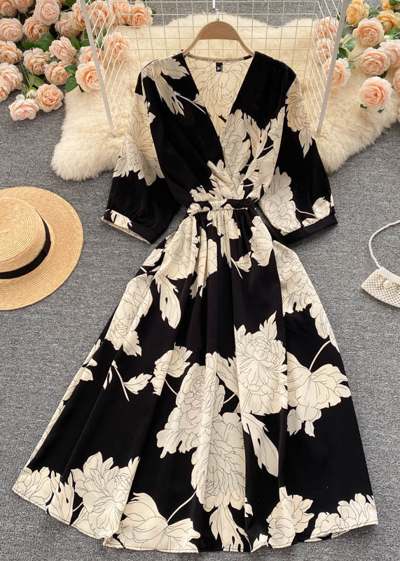 VCSHOES Black V Neck Print Chiffon Dresses Half Sleeve