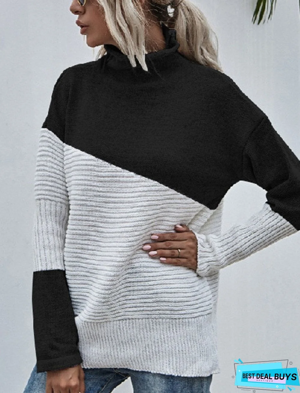 Color-Blocking Sweater Women's Autumn and Winter New Contrast Color Pullover Sweater