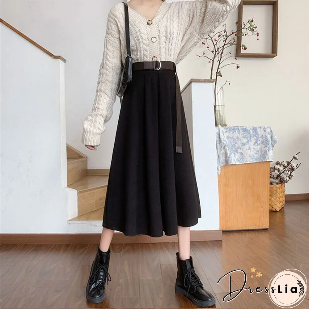 Solid Skirts Women Mid-calf High Waist Friends Korean Style Elegant College Spring Autumn All-match Jupe Mujer Faldas Female Ins