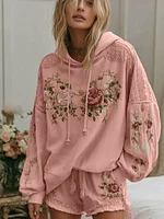 Women's Floral Embroidery Art Cozy Hooded Sweatshirt - Image 3