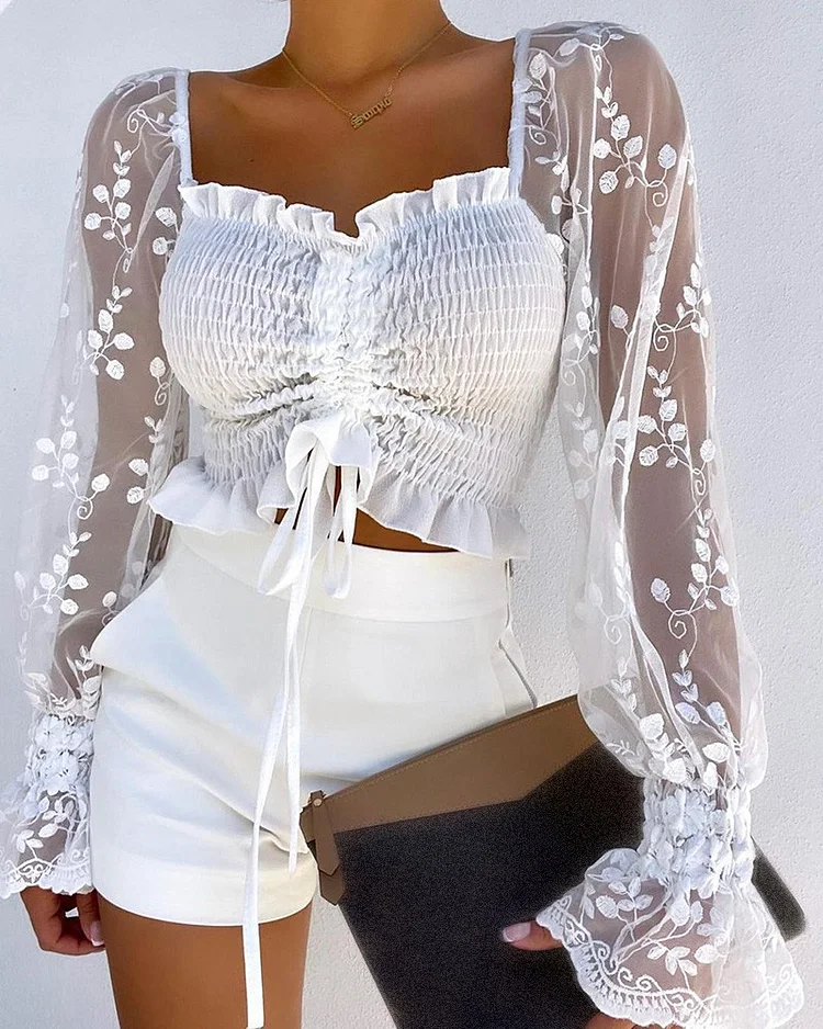Plain Contrast Lace Flared Sleeves Frill Hem Drawstring Shirred Crop Top P1898733066
