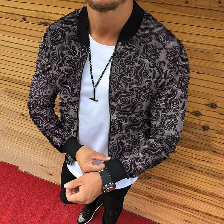 Men's Vintage Dark Pattern Stand Collar Zip Jacket