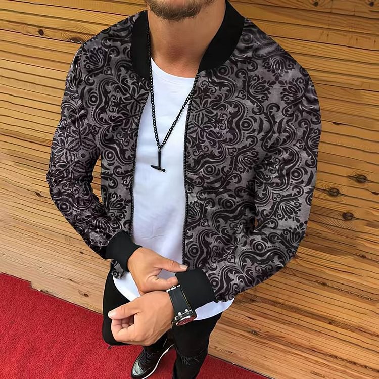 Men's Vintage Dark Pattern Stand Collar Zip Jacket