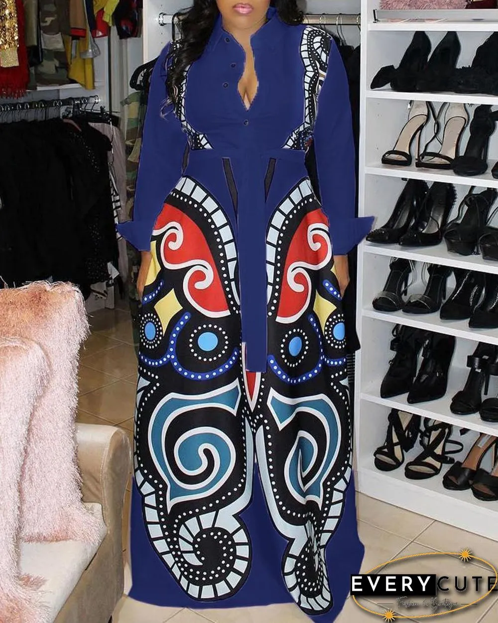 Abstract Print Long Sleeve Shirt Dress P10023