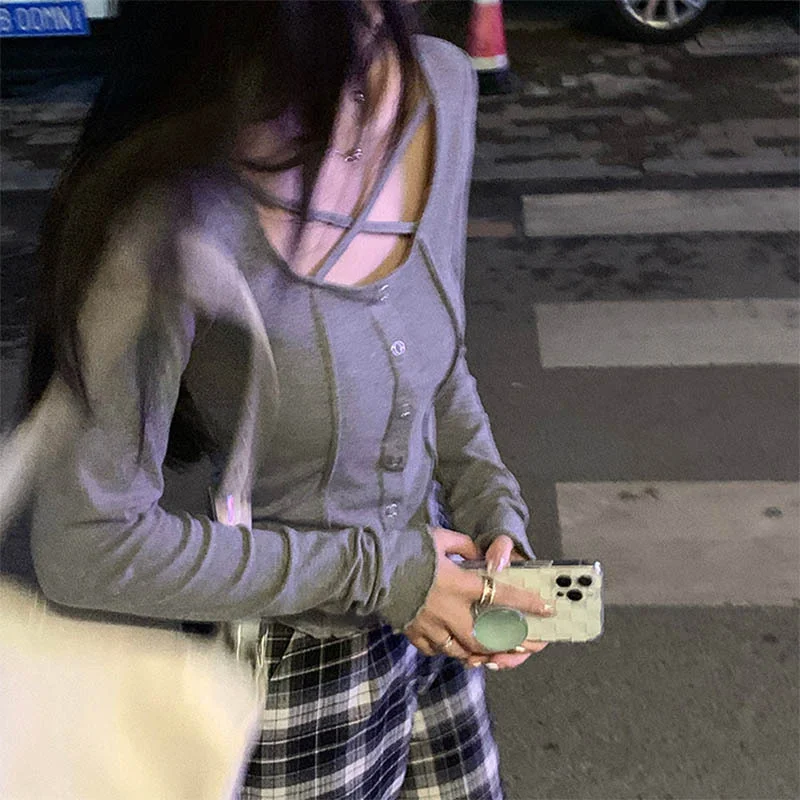 Churchf Churchf Girl Heart Machine Collarbone Show Thin Short Style Student Jacket Female 2024 Autumn Dress New Slim Pit Strip Long-Sleeved T-Shirt Female