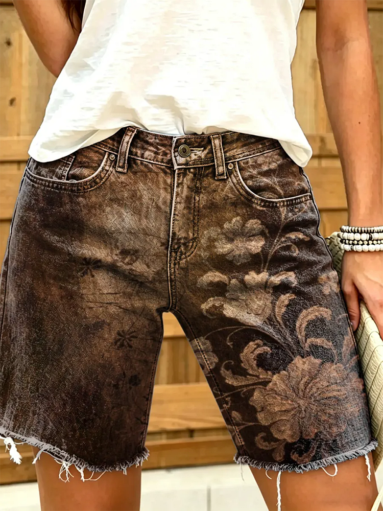 Women's Vintage Floral Print Frayed Hem Denim Bermuda Shorts