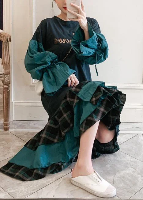 Modern O Neck Ruffles Spring Tunic Pattern Work Outfits Green Letter Plus Size Dresses