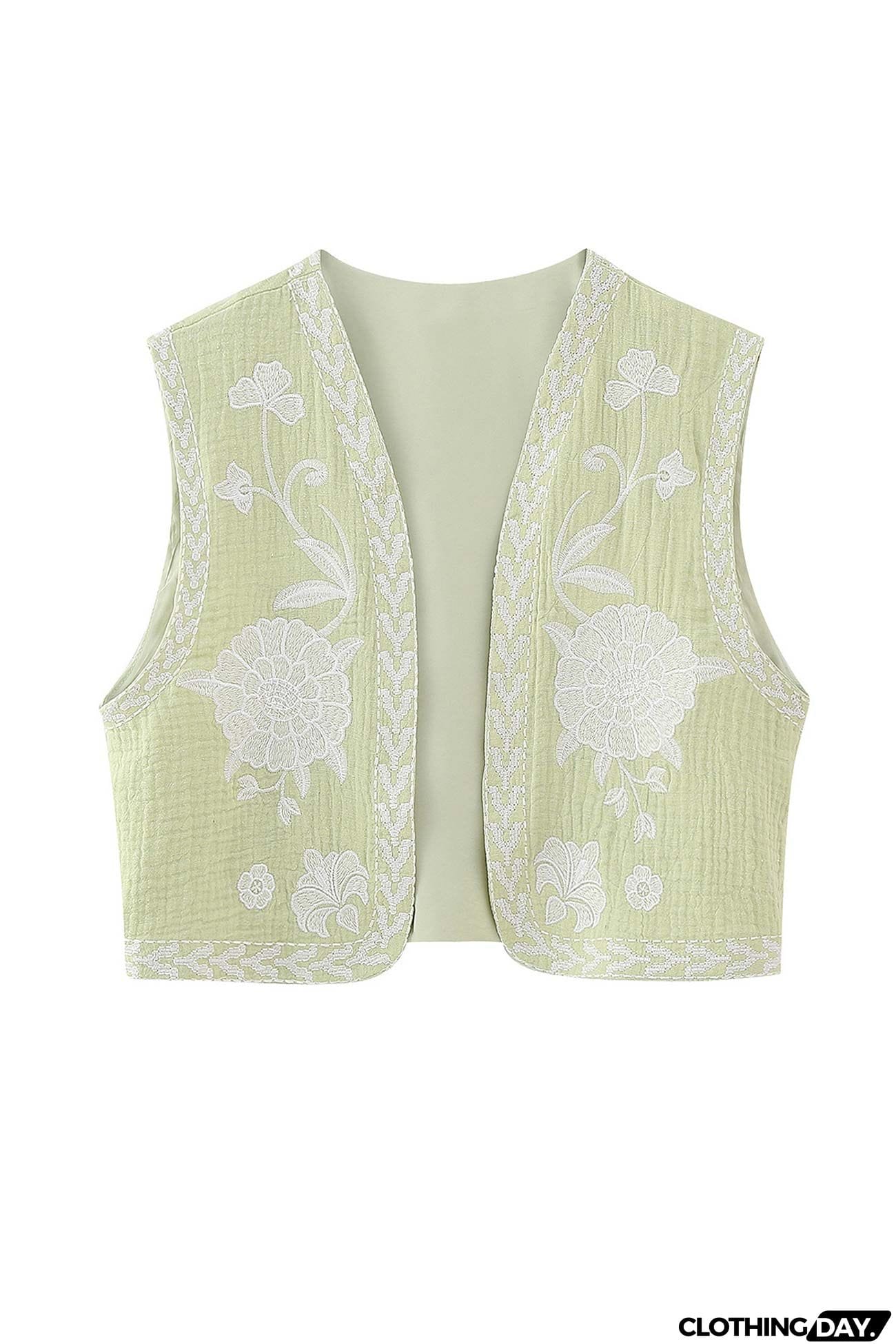 Vintage Floral Embroidery Open Front Vest