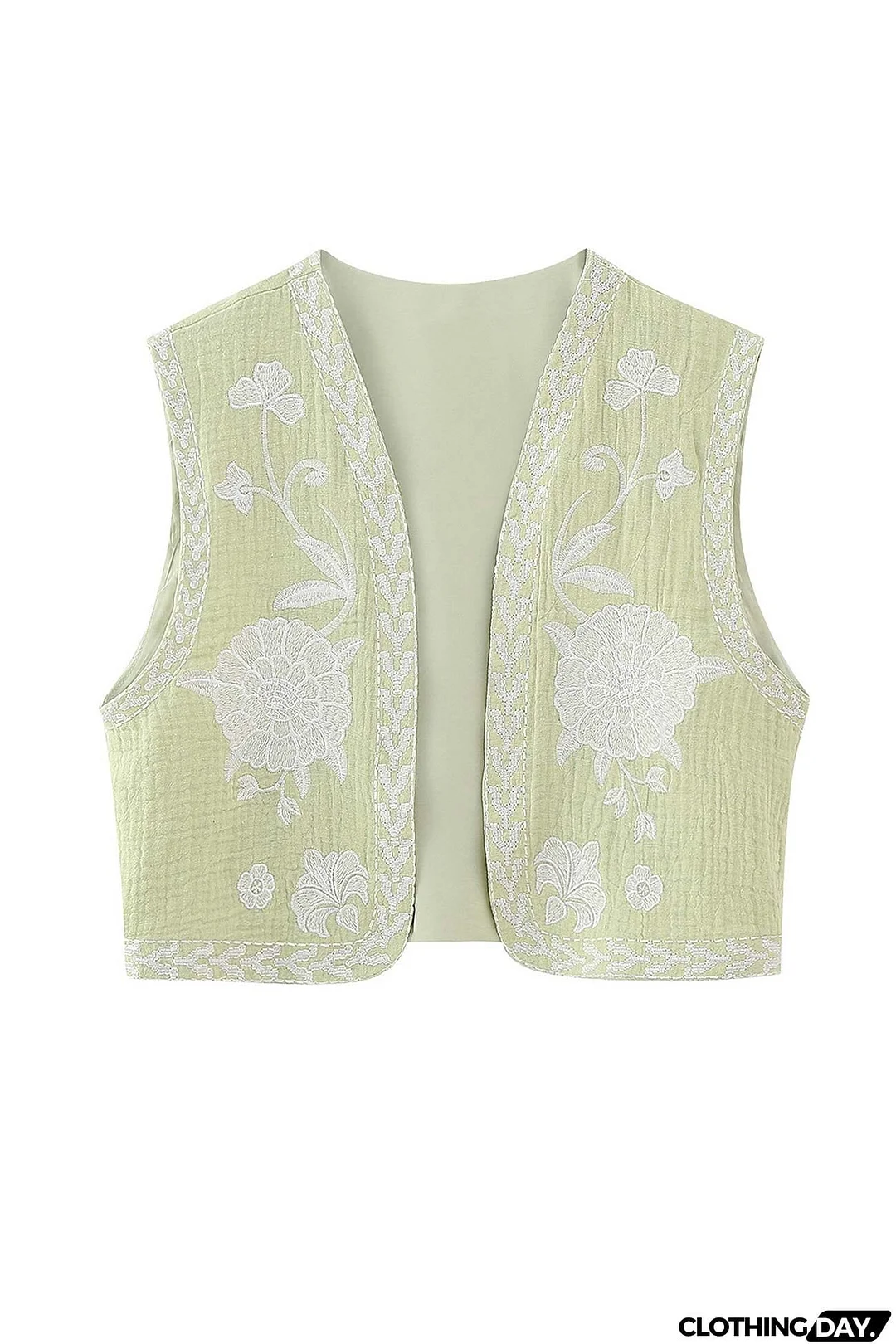 Vintage Floral Embroidery Open Front Vest
