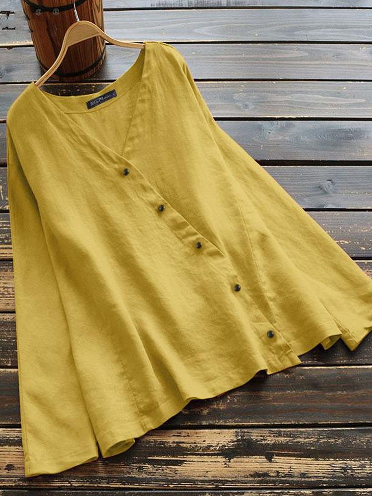 Cotton and linen elegant solid color casual long-sleeved ladies V-neck shirt-Mayoulove
