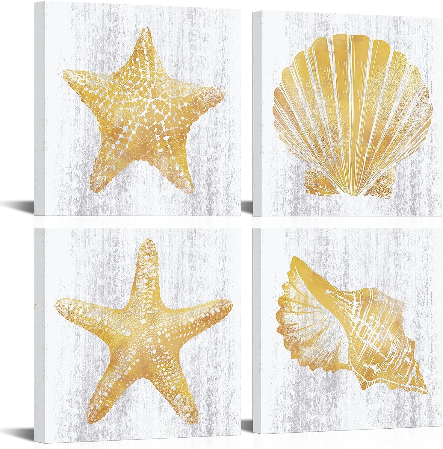 HOMEOART Gold and Gray Bathroom Decor Ocean Seashell Picture Beach Starfish Painting Framed Canvas Wall Art Ready to Hang 12 inch x12 inch x4 Pieces