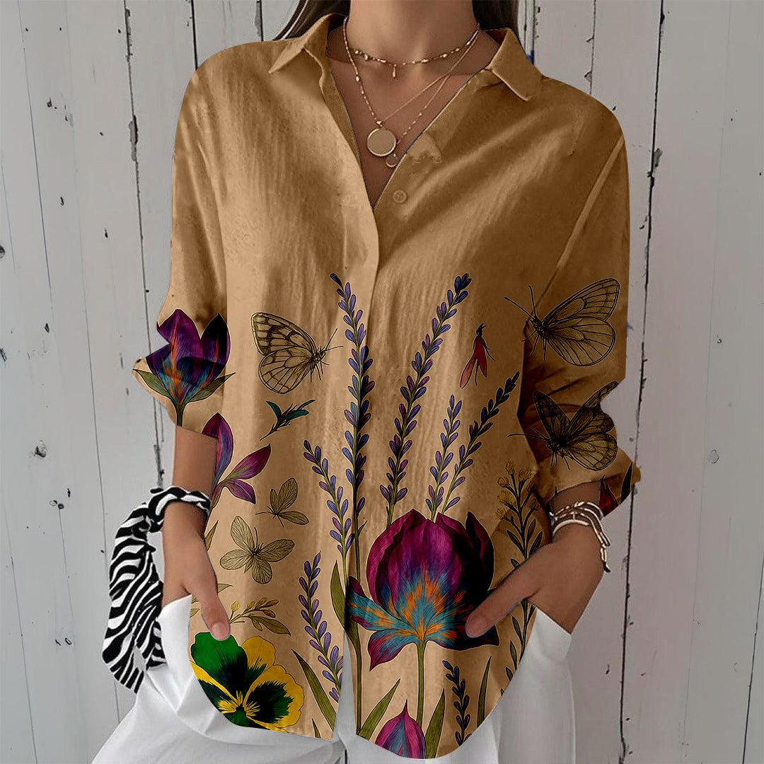 Women Long Sleeve V-neck Graphic Floral Printed Top
