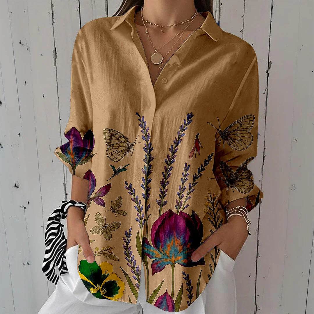 Style & Comfort for Mature Women Women Floral,Khaki DZCL0011 3/4 Sleeve Shirt Collar Printed Button Tops