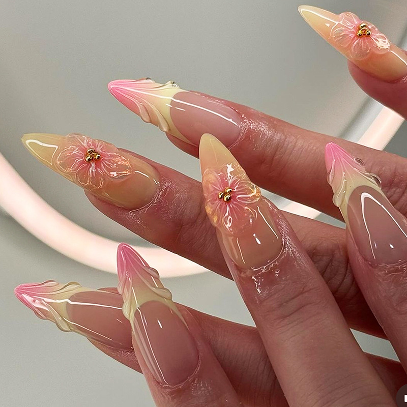 Qinice 24Pcs Sweet Short Almond French False Nails with Glue 3D Wave Nail Pattern Floral Pink Blush Press on Acrylic Nail Manicure Tips