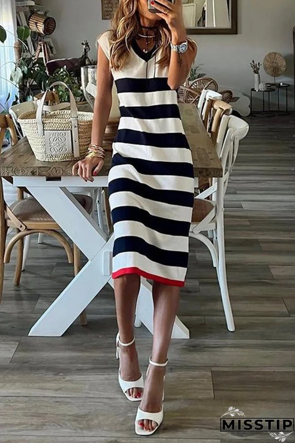 Striped V-Neck Hem Slit Casual Loose Dress