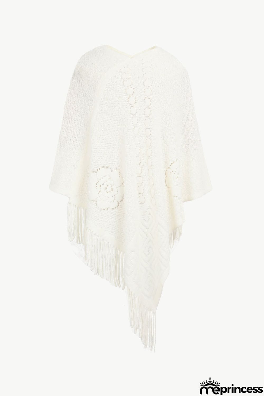 Pearl Trim Fringe Hem Poncho